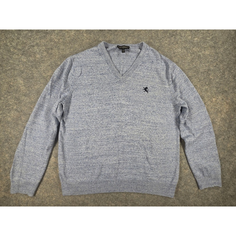 Express Mens Blue Marled V-Neck Cotton Sweater Lion Logo EXCN-601CC Large